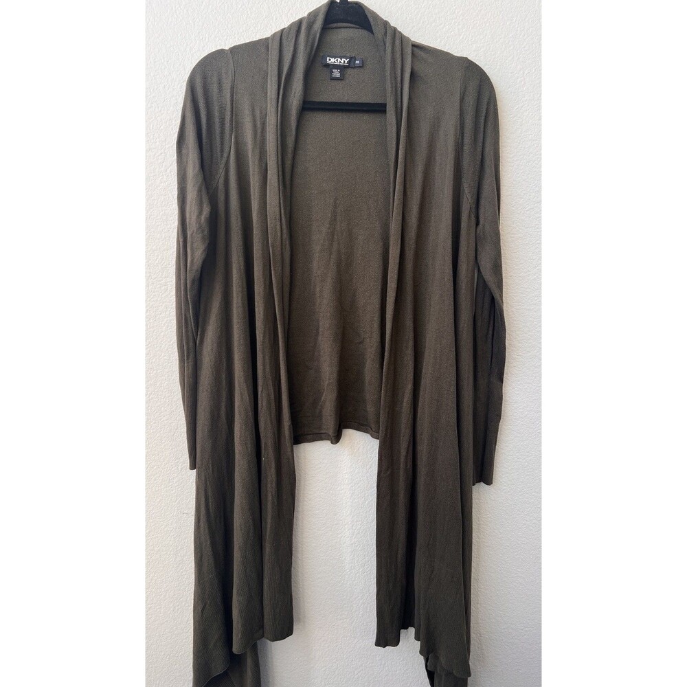 DKNY Donna Karan Olive Green Open Draped Waterfall Front Cardigan Silk Blend PS
